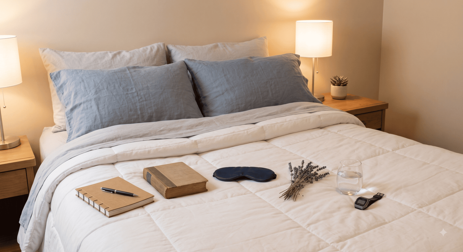 A person sleeping peacefully in a comfortable bed with soft lighting