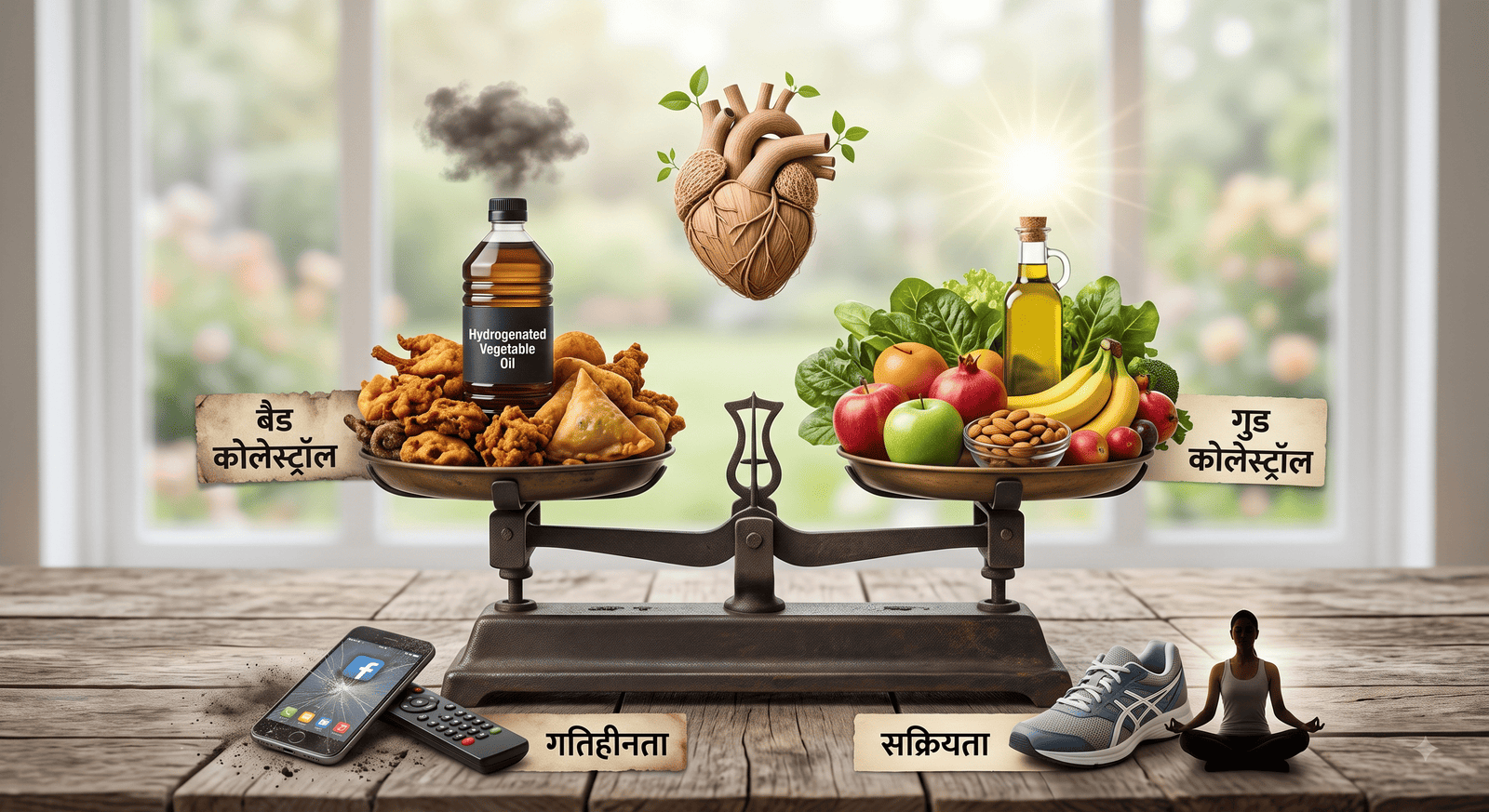 एक पुरानी तराजू एक लकड़ी की मेज पर रखी है, जो स्वास्थ्य के विकल्पों को दर्शाती है। बाईं ओर, 'बैड कोलेस्ट्रॉल' लिखा हुआ है और पलड़े पर फ्राइड फूड और हाइड्रोजनेटेड वेजिटेबल ऑयल है